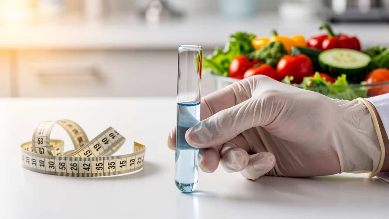DNA test tube beside healthy food for weight loss